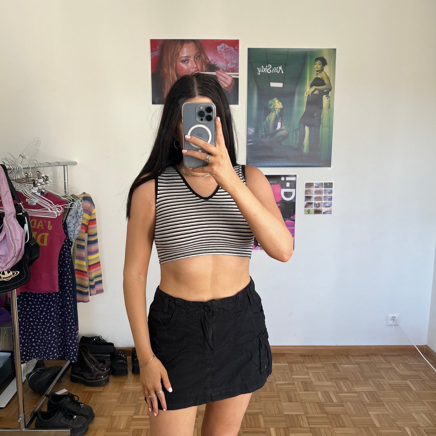 Vintage 90's Skater Striped Black and White Ultra Cropped Tank Top (XXS/XS)