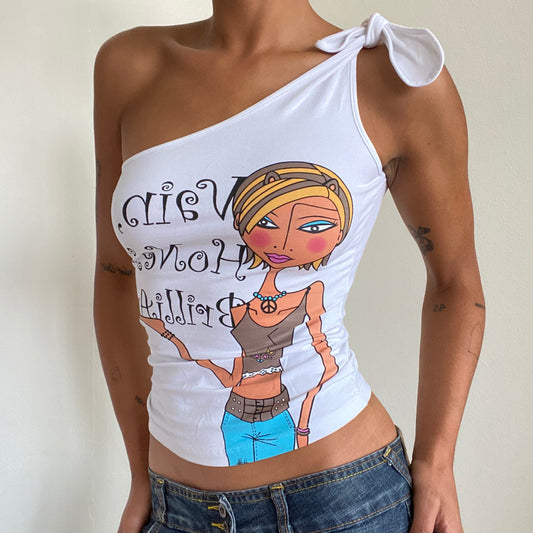 Vintage 90’s Funky White One Shoulder Top With Girl Graphic (S/M)