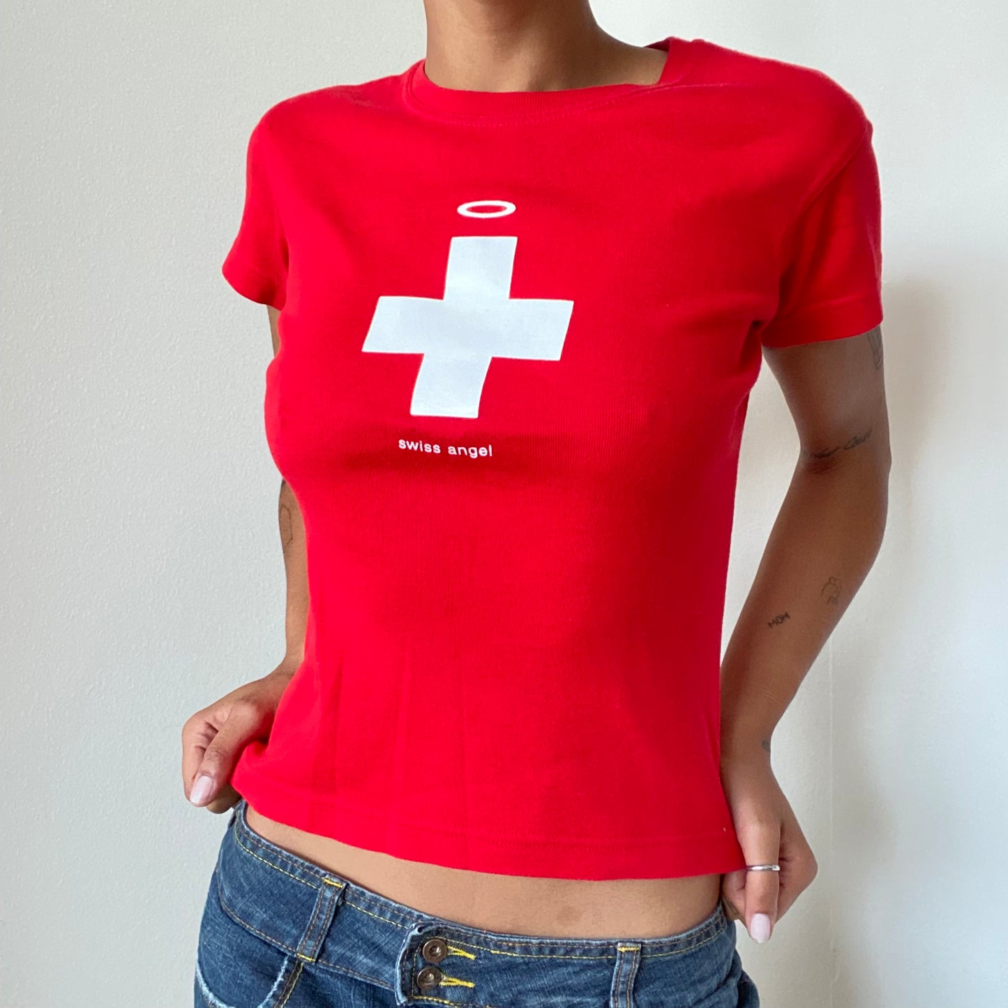 Vintage 90’s Sporty Swiss Country Flag "Swiss Angel" Baby Tee (S/M)