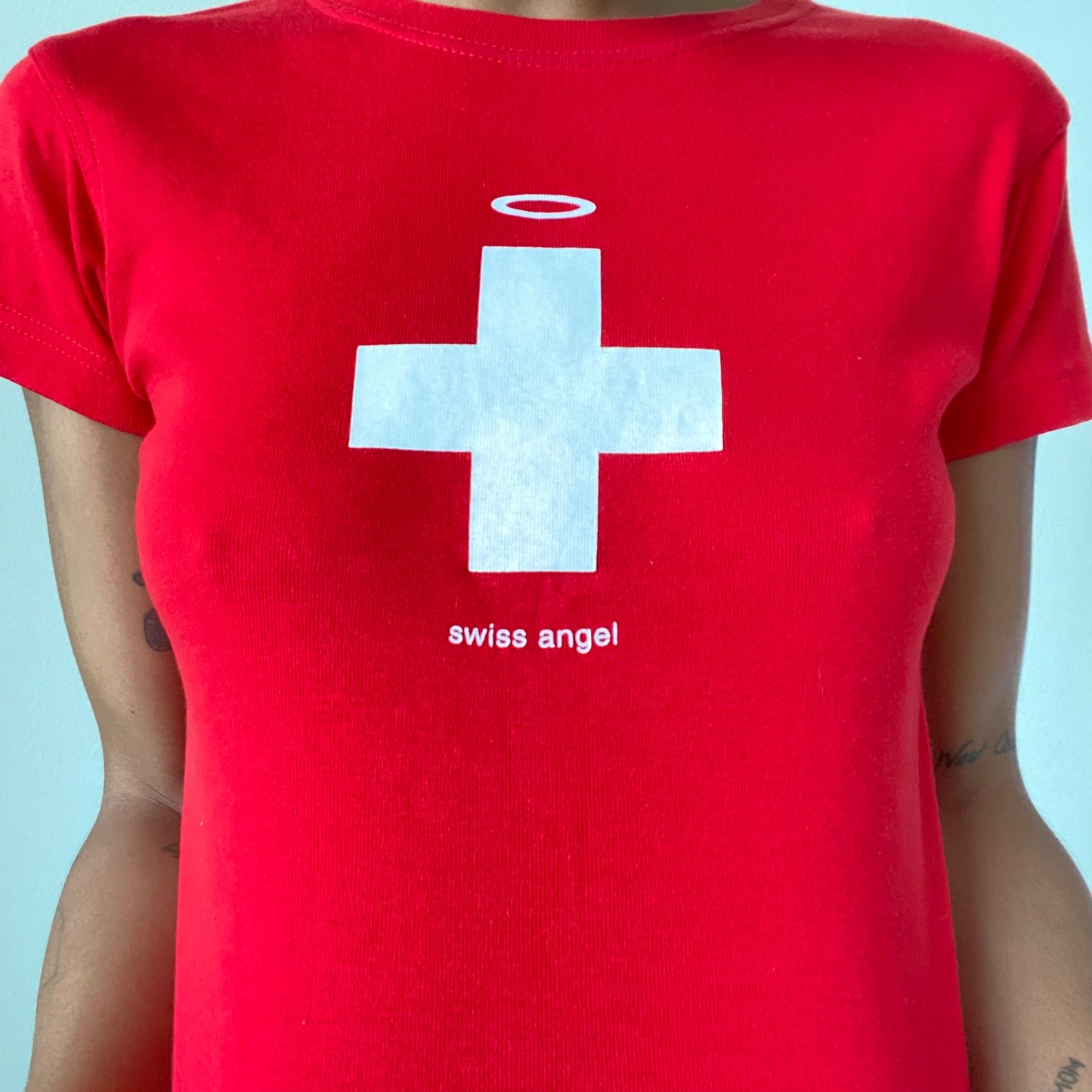 Vintage 90’s Sporty Swiss Country Flag "Swiss Angel" Baby Tee (S/M)