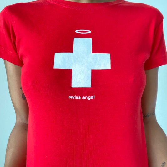 Vintage 90’s Sporty Swiss Country Flag "Swiss Angel" Baby Tee (S/M)