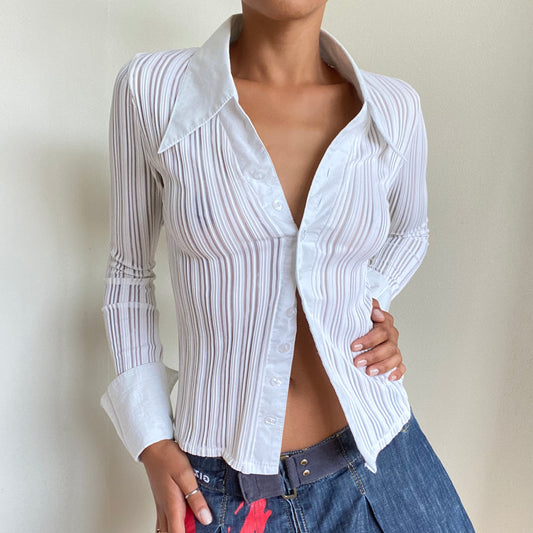 Vintage 90’s Rachel Green White Mesh Button Up Blouse (S/M)