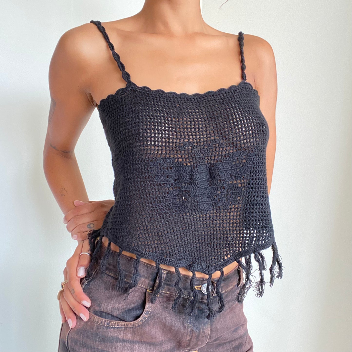 Vintage 90’s Boho Black Crochet Cami Top with Butterfly Detail (S)