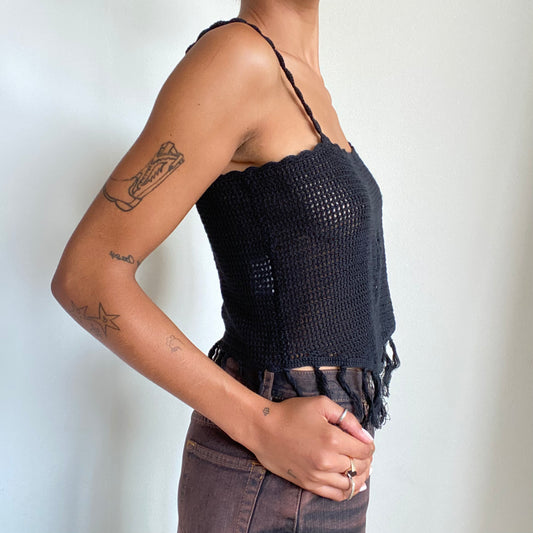 Vintage 90’s Boho Black Crochet Cami Top with Butterfly Detail (S)