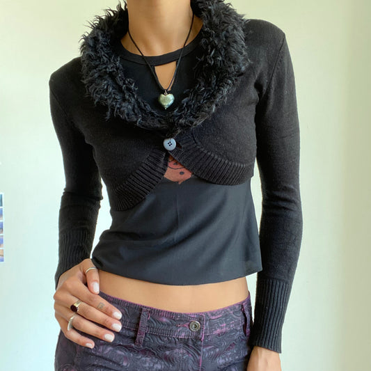 Vintage 90’s Whimsigoth Black Bolero With Fluffy Collar (S)