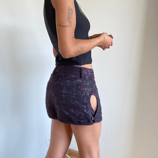 Vintage 90's Archive Diesel Purple Paisley Velvet Mini Skirt with Side Cut-Out (S)