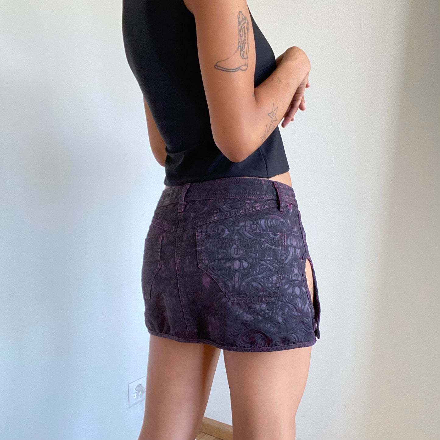 Vintage 90's Archive Diesel Purple Paisley Velvet Mini Skirt with Side Cut-Out (S)