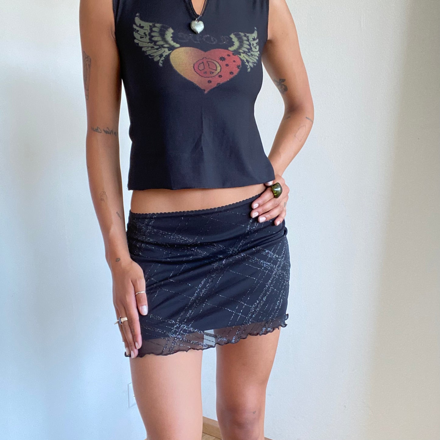 Vintage 90's Clubwear Black Shimmery Mesh Mini Skirt (XS/S)