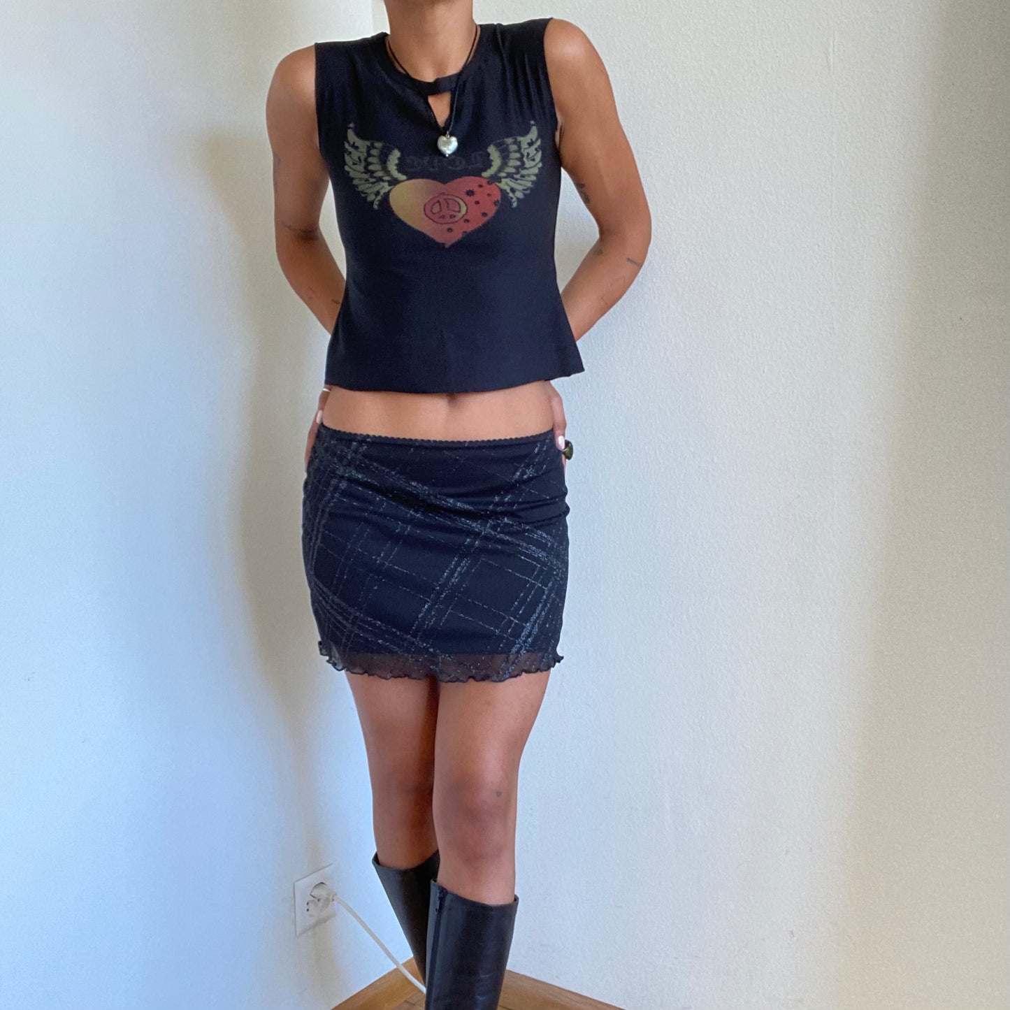 Vintage 90's Clubwear Black Shimmery Mesh Mini Skirt (XS/S)