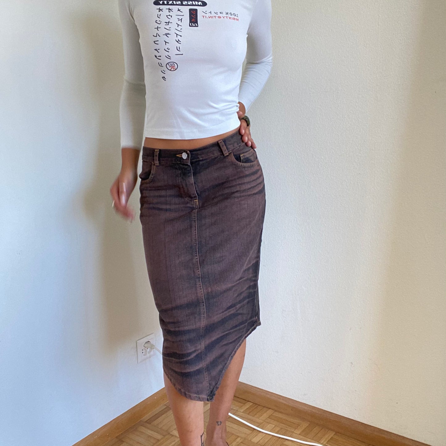 Vintage 90's Grunge Brown Denim Midi Skirt with Triangular Hem (S)