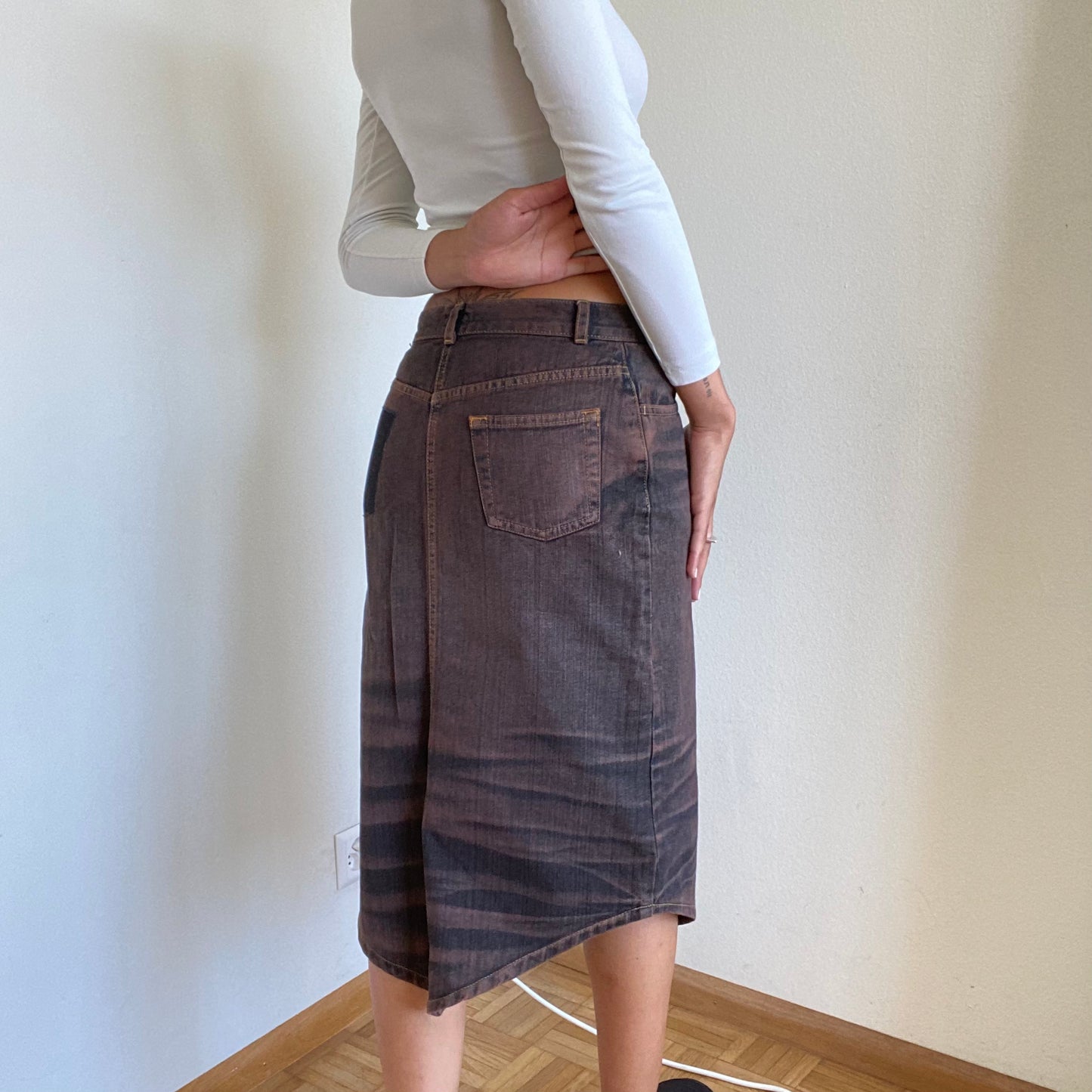 Vintage 90's Grunge Brown Denim Midi Skirt with Triangular Hem (S)