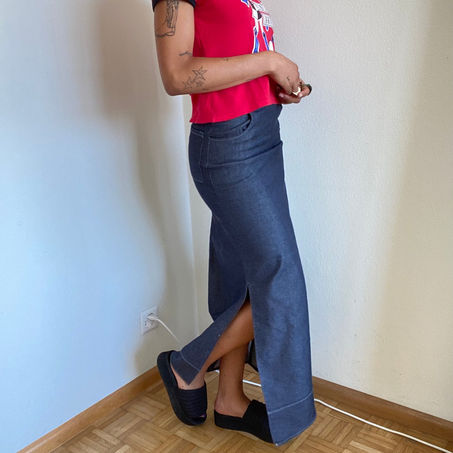 Vintage 90's Indie Hippie Denim Dark Wash Maxi Skirt with Side Slit (S)