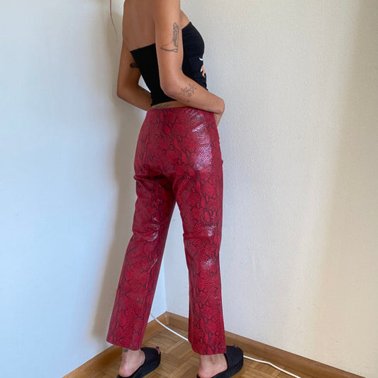 Vintage 90's Clubwear Red Snake Print Leather Flared Pants with Lace Up Detail (S/M)