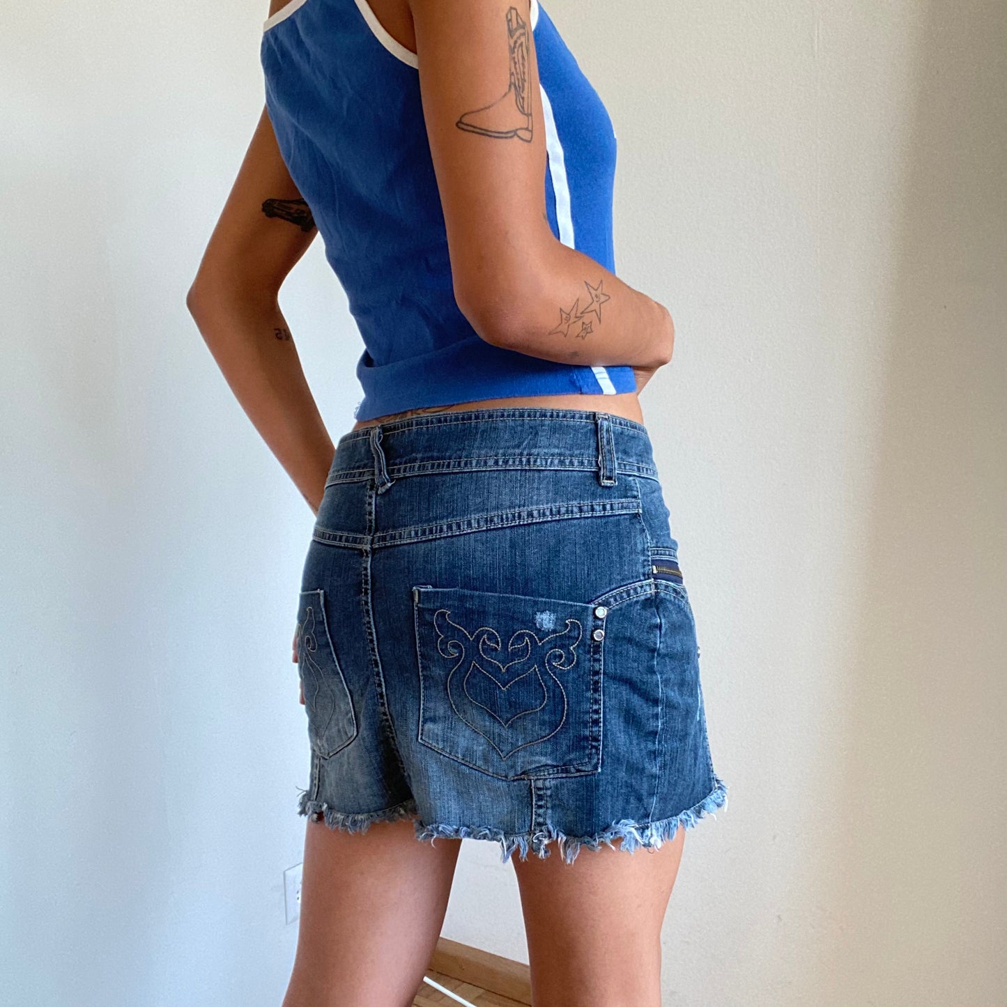 Vintage 90's Moto Blue Denim Mini Skirt with Raw Hem (M)