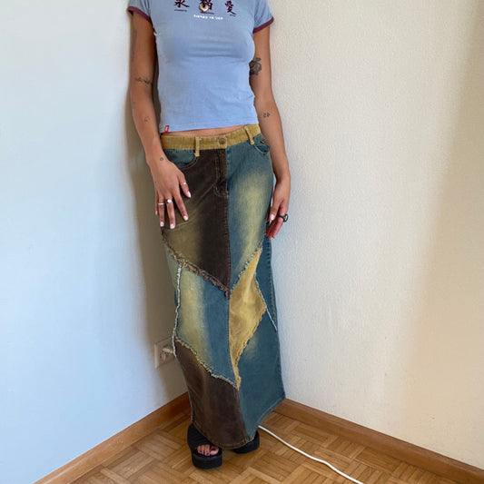 Vintage 90's Funky Western Denim and Cord Patchwork Maxi Skirt (S)