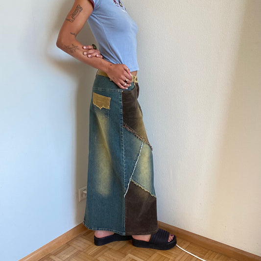 Vintage 90's Funky Western Denim and Cord Patchwork Maxi Skirt (S)