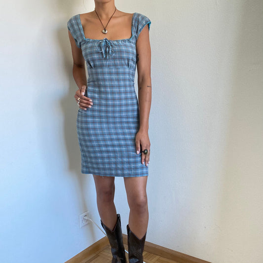 Vintage 90's Western Brown and Blue Plaid Milkmaid Dress (XS/S)