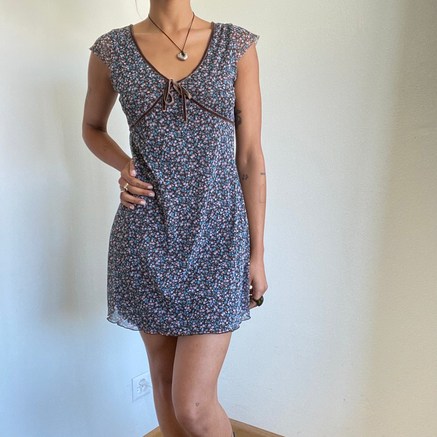 Vintage 90's Romantic Fall Floral Blue Mesh Dress With Brown Velvet Details (S)