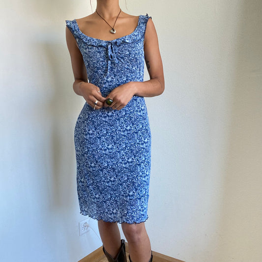 Vintage 90's Romantic Floral Blue Midi Mesh Dress with Ruffle Details (S)