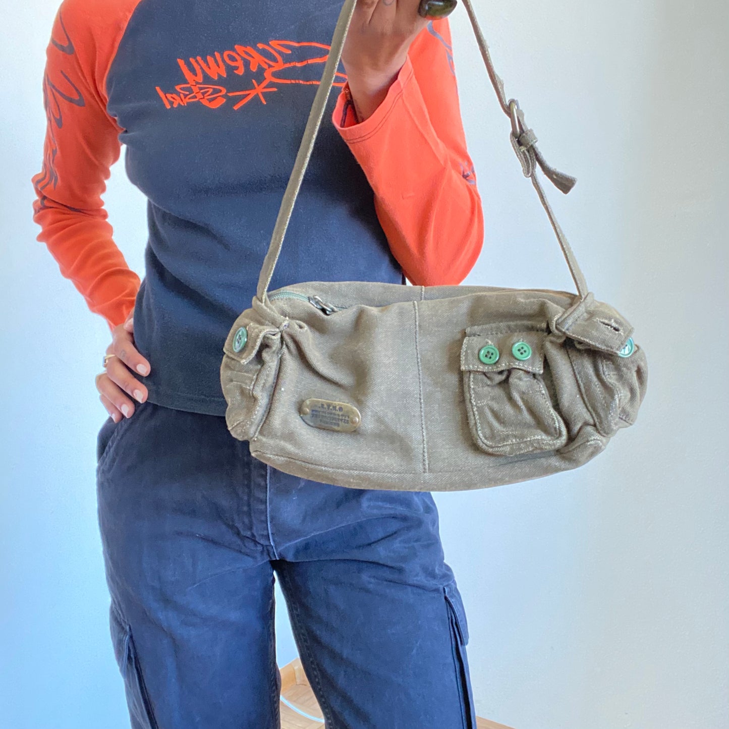 Vintage 90's Skater Army Style Khaki Shoulder Bag