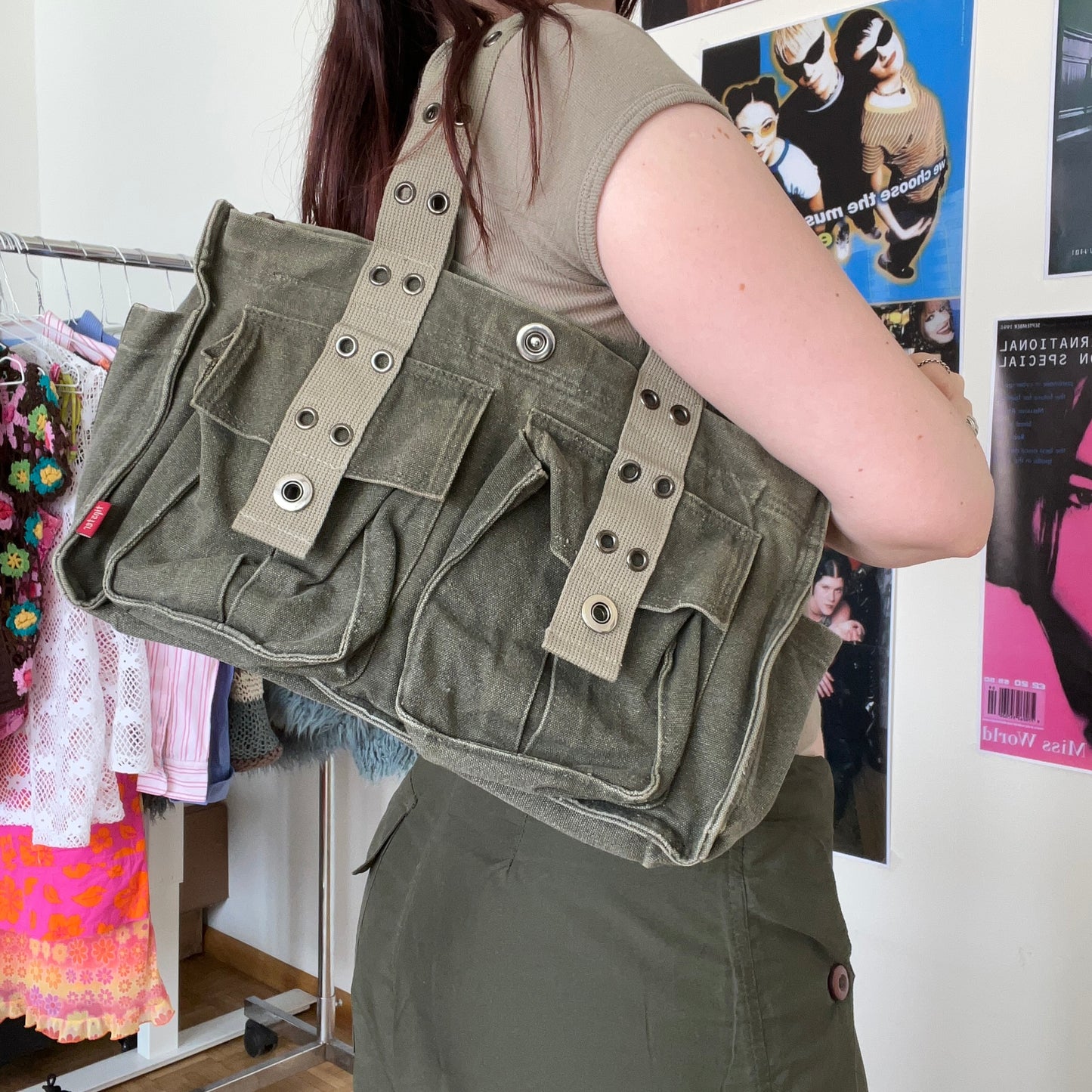 Vintage 90's Skater Grunge Khaki Cargo Tote Bag