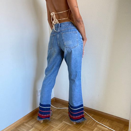 Vintage 90's Hippie Flared Jeans with Patchwork Hem Detail (S)