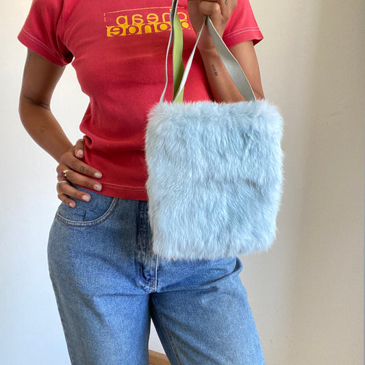 Vintage 90's Funky Harajuku Baby Blue Furry Crossbody Bag with Green Straps