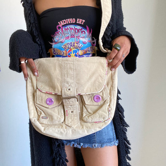 Vintage 90's Skater Beige Cord Messenger Cross Body Bag with Pink Buttons