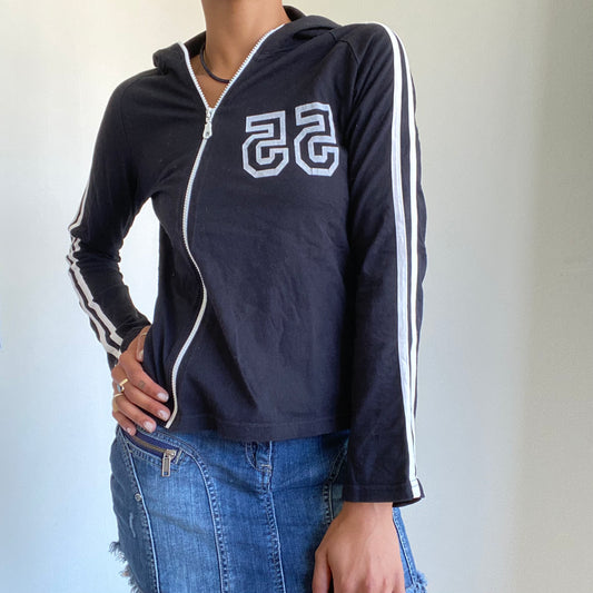 Vintage 90’s Sporty "55" Black Zip Up Hoodie with White Stripes (S/M)