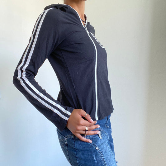 Vintage 90’s Sporty "55" Black Zip Up Hoodie with White Stripes (S/M)