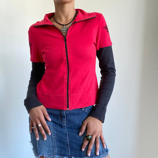 Vintage 90’s Rave Tribal Double Layered Red and Black Zip Up (S/M)