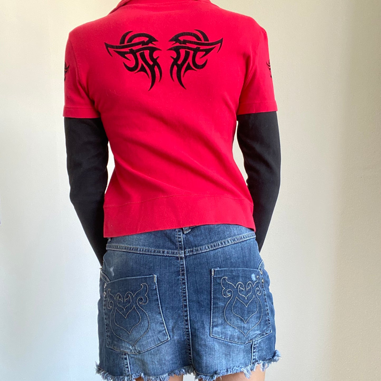 Vintage 90’s Rave Tribal Double Layered Red and Black Zip Up (S/M)