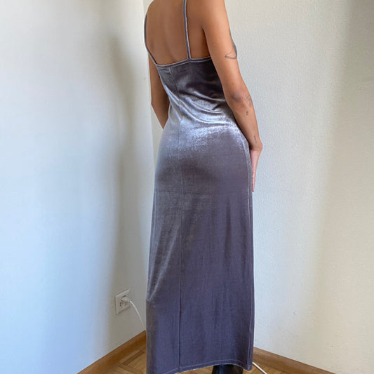 Vintage 90's Whimsigoth Silver Grey Velvet Maxi Dress (M)