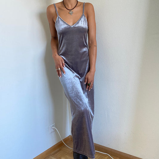 Vintage 90's Whimsigoth Silver Grey Velvet Maxi Dress (M)