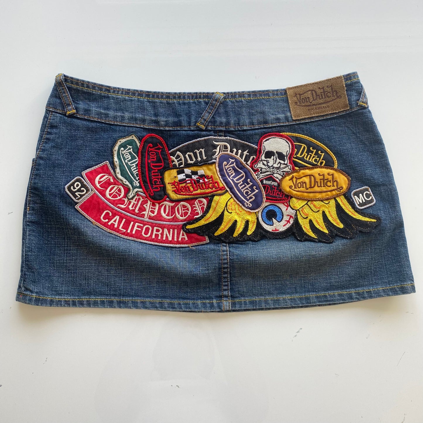 Vintage 90's Archive Von Dutch Funky Patch Denim Mini Skirt (S/M)