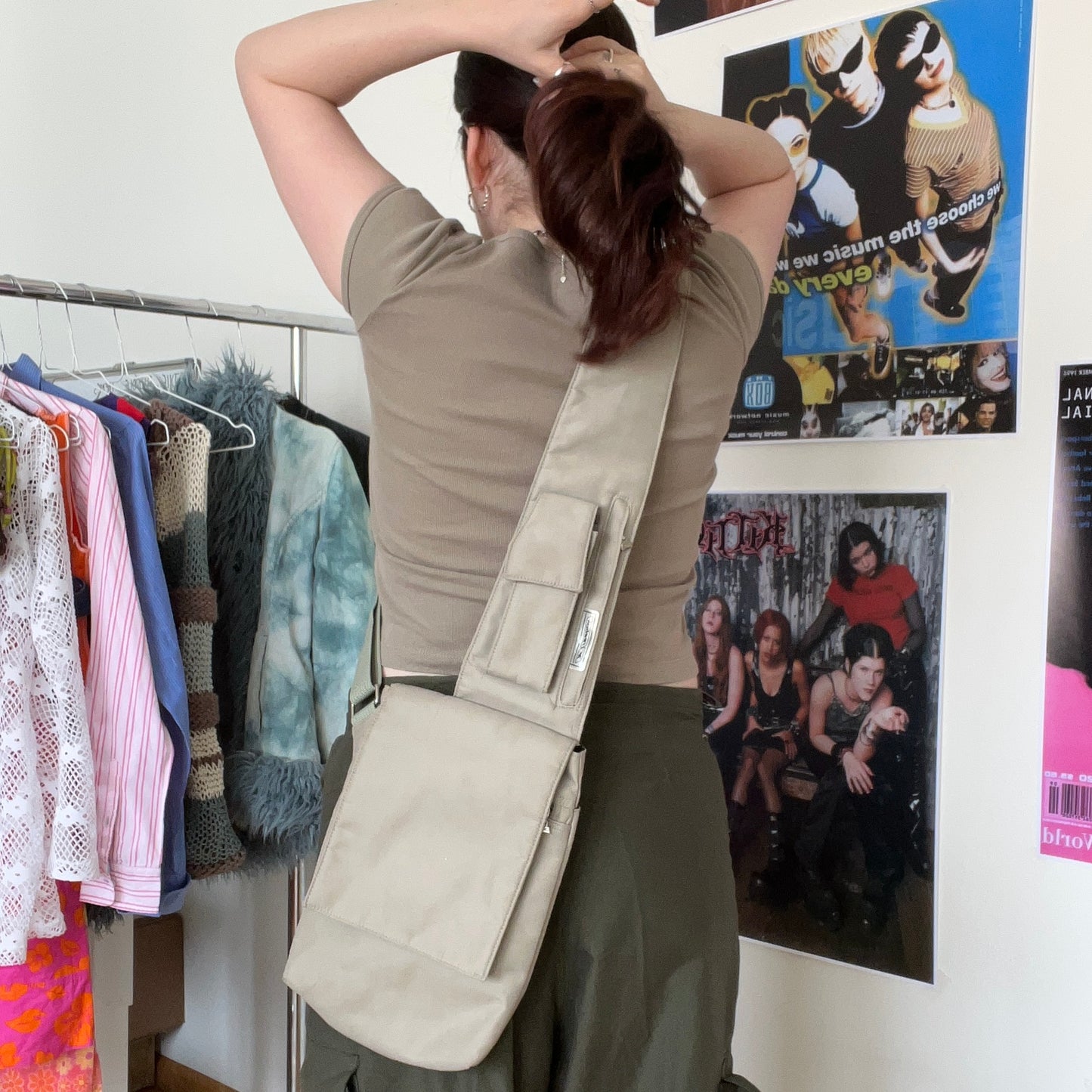 Vintage 90's Tech Wear Beige Crossbody Backpack