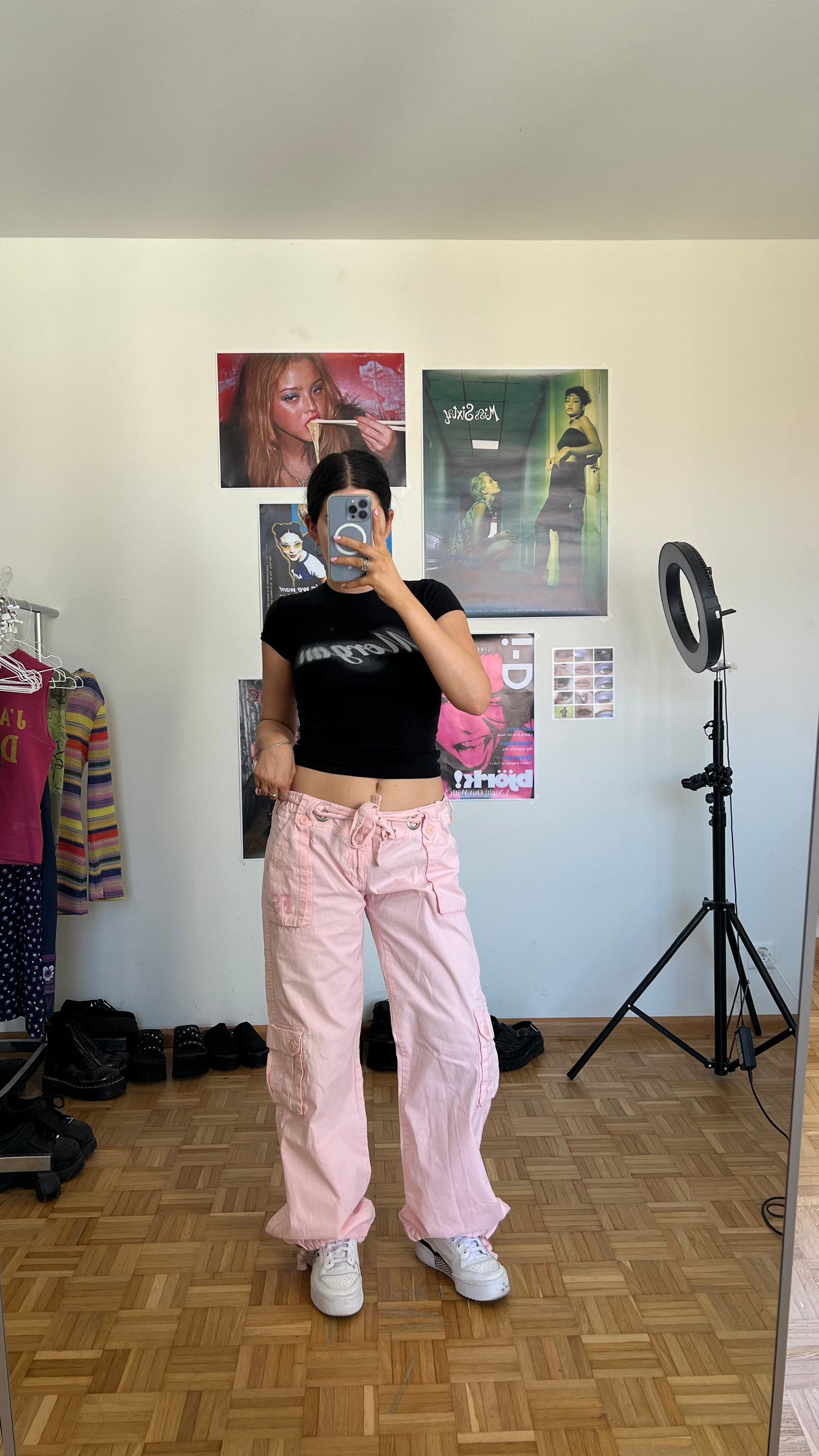 Vintage 90’s Pink Low Waist Baggy Cargo Pants with Dragon Embroidery (S)