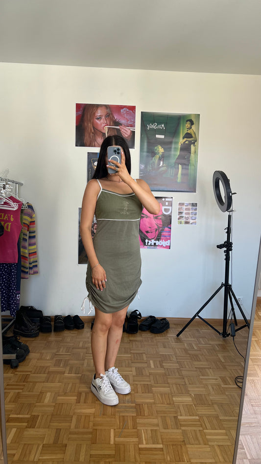 Vintage 90’s Sporty Khaki Mini Dress with Side Drawstrings (S)