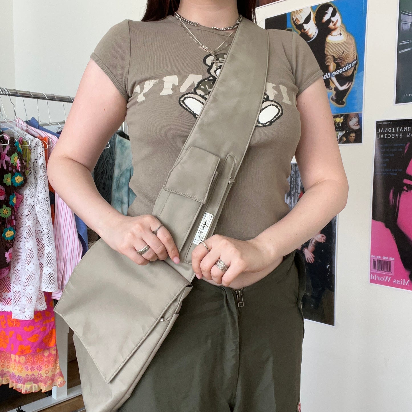 Vintage 90's Tech Wear Beige Crossbody Backpack