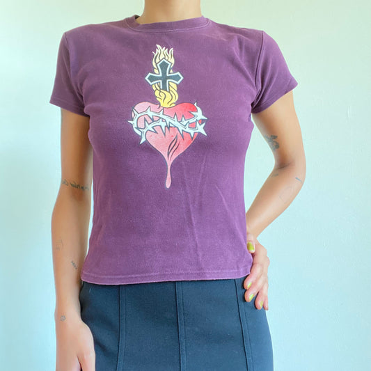 Vintage 90’s Skater Purple Shirt with Tattoo Heart Print (M/L)