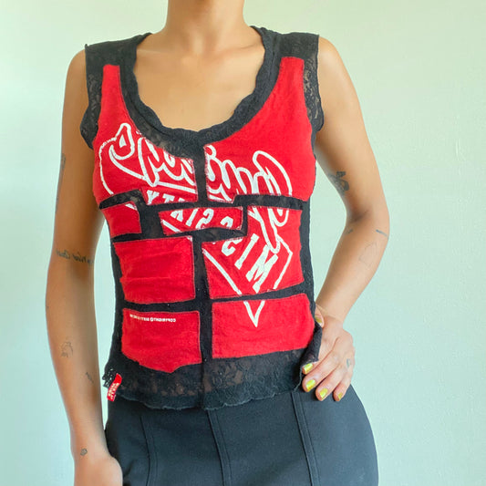 Vintage 90’s Archive Miss Sixty Red Patchwork Top With Black Lace (M)