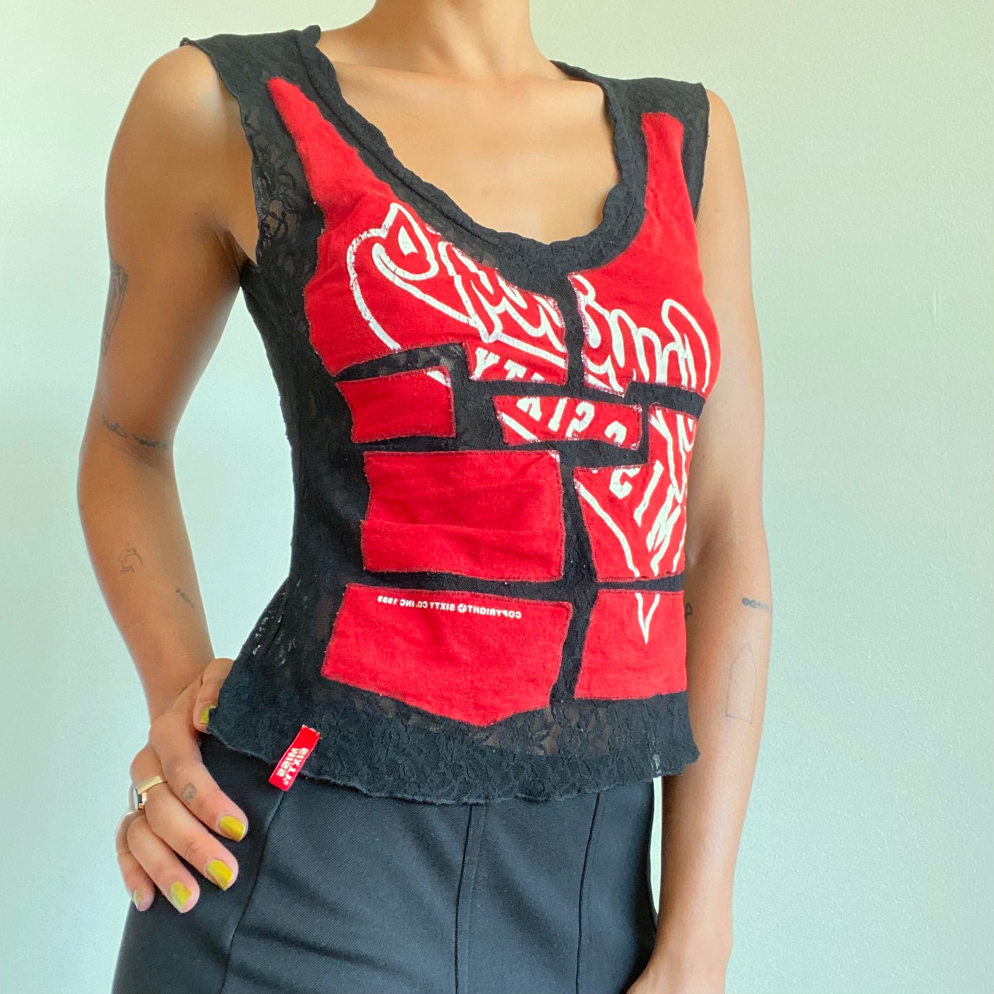 Vintage 90’s Archive Miss Sixty Red Patchwork Top With Black Lace (M)