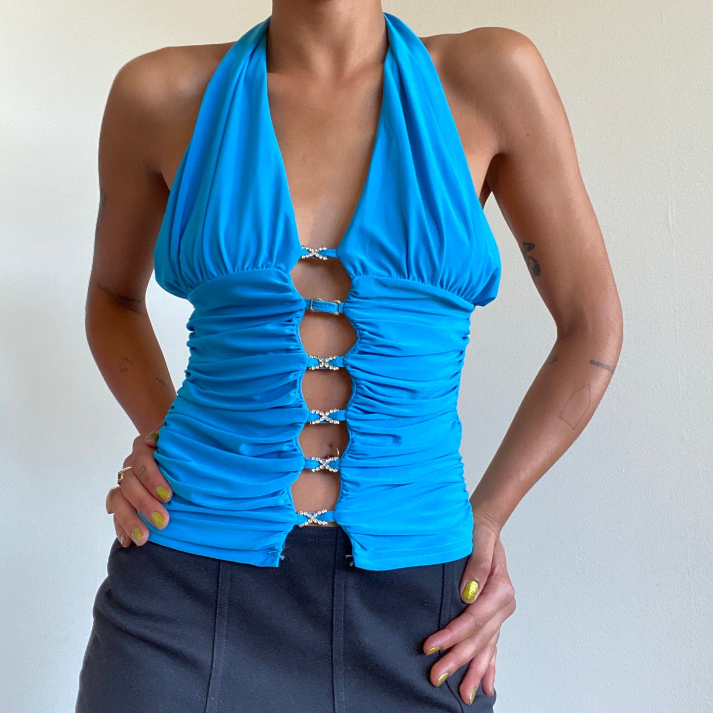 Vintage 90’s Clubwear Turquoise Open Front Halter Neck Top (S/M)