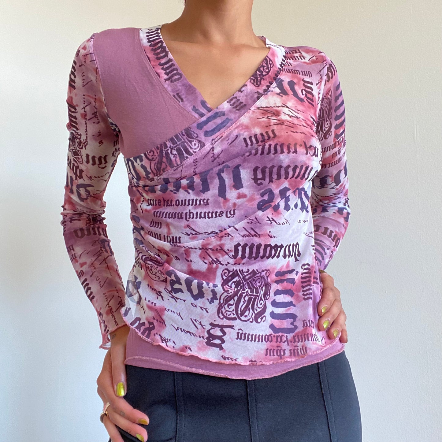 Vintage 90’s Funky Pink Bi-Material Mesh Top with Writing Print (S/M)