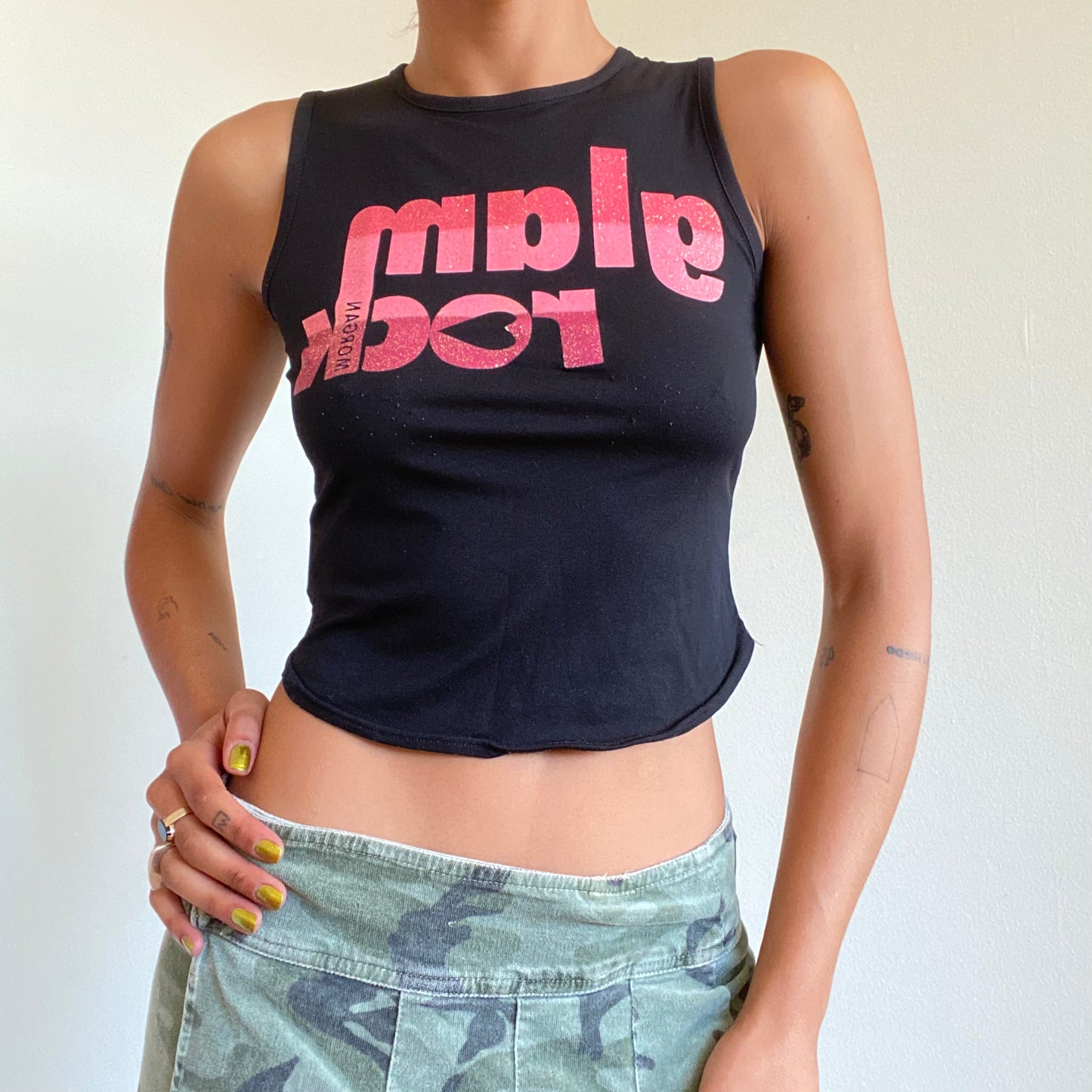 Vintage 90’s Morgan De Toi Black Top With Pink 'Glam Rock' Graphic (XS/S)