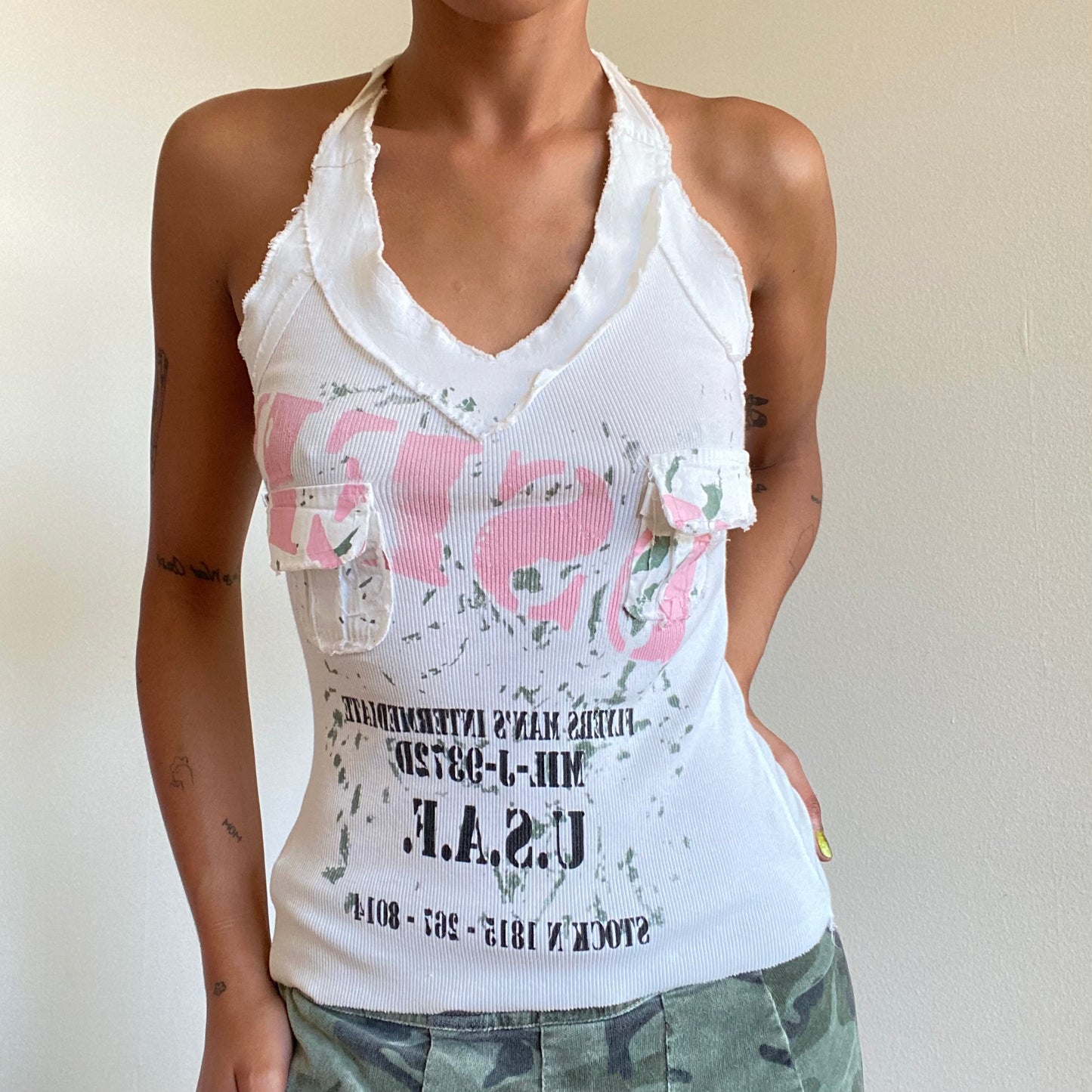 Vintage 90’s Grunge "Army" White Distressed Halter Neck Top (S/M)