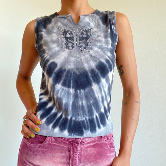 Vintage 90’s Indie Hippie Grey Batik Top With Butterfly Motif (M)