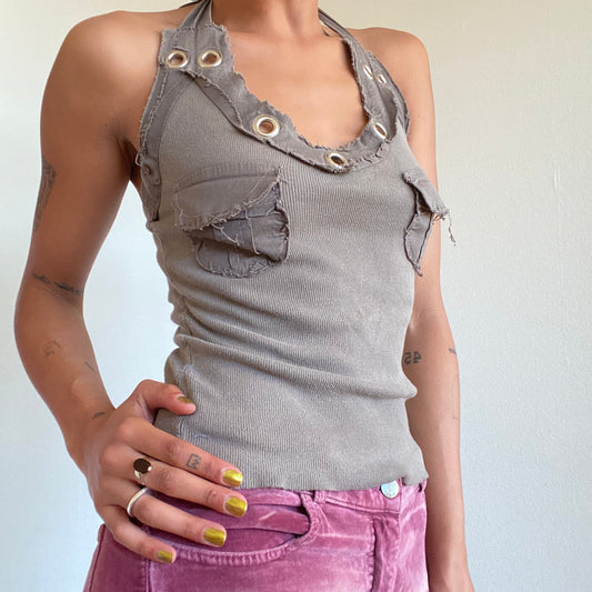 Vintage 90’s Grunge Khaki Distressed Halter Neck Top With Pockets (S/M)