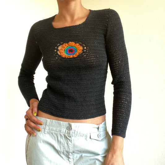 Vintage 90’s Indie Hippie Black Crochet Longsleeve With Flower Detail (XS/S)