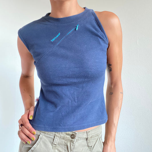 Vintage 90’s Punkyfish Rave Navy Tank Top With Functional Open Zipper (S)